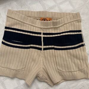 Tory Burch Ribbed Knit Short Shorts Tan And Varsity Blue Stripe Sz XS